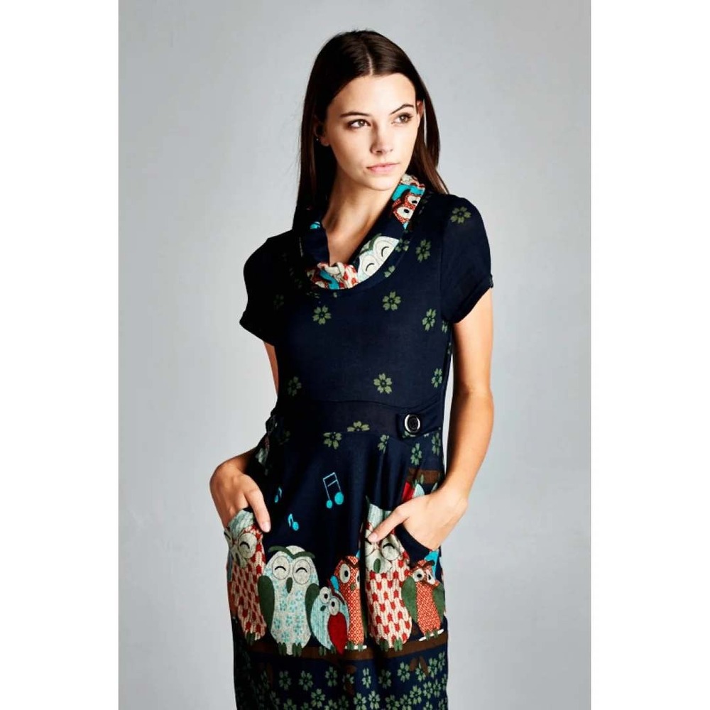 LA Soul Dress S Women Blue Owl Print Cowl Neck Knit Unique Teacher Artsy Novelty